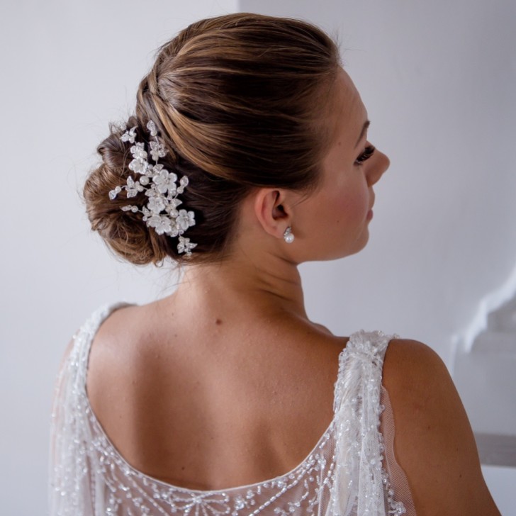 Magnolia Porcelain Flowers and Crystal Leaves Wedding Hair Clip