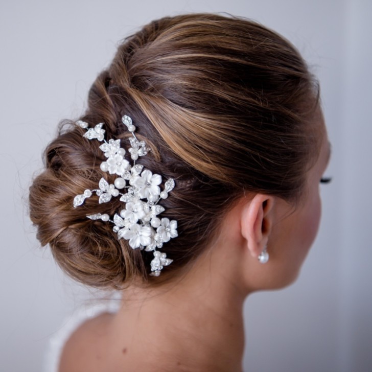 Magnolia Porcelain Flowers and Crystal Leaves Wedding Hair Clip