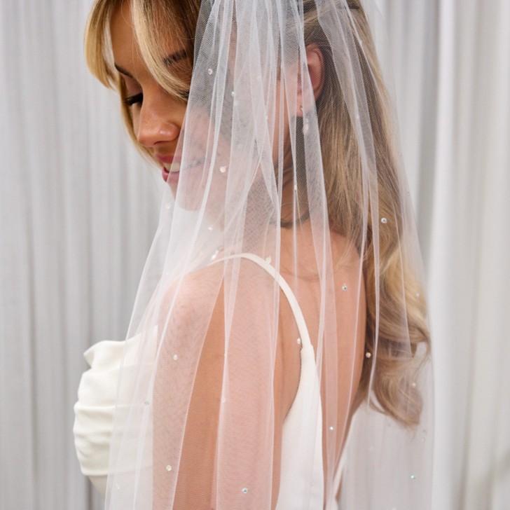 Lovington Langer Elfenbeinfarbener einstufiger Schleier mit verstreuten Diamanten und Kordelrand