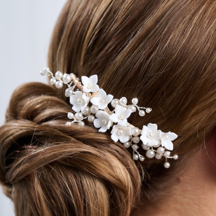 Mirabelle Ivory Ceramic Flower and Pearl Wedding Hair Comb