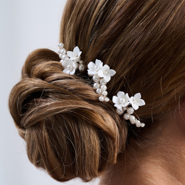 Mirabelle Set of 3 Ivory Ceramic Flower and Pearl Mini Hair Combs