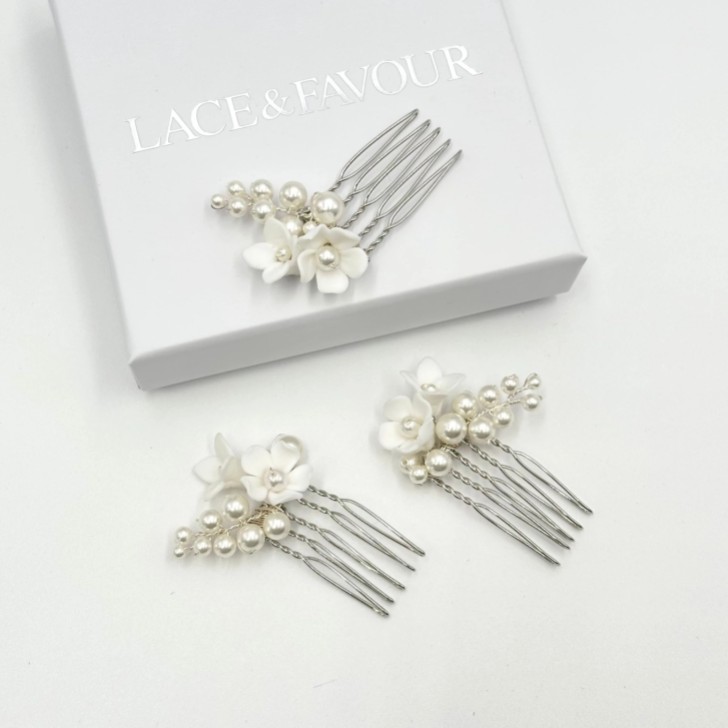 Mirabelle Set of 3 Ivory Ceramic Flower and Pearl Mini Hair Combs