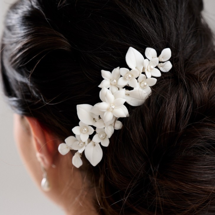 Nieve Ivory Porcelain Flowers and Pearl Wedding Hair Comb