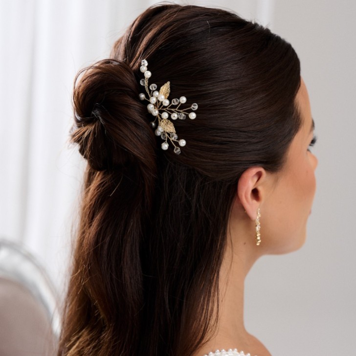 October Gold Leaves and Pearl Wedding Hair Pin