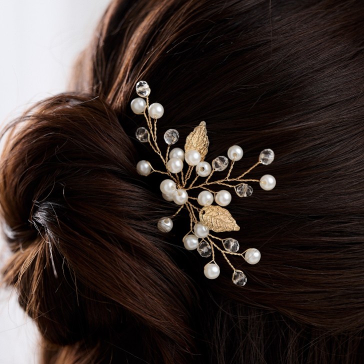October Gold Leaves and Pearl Wedding Hair Pin