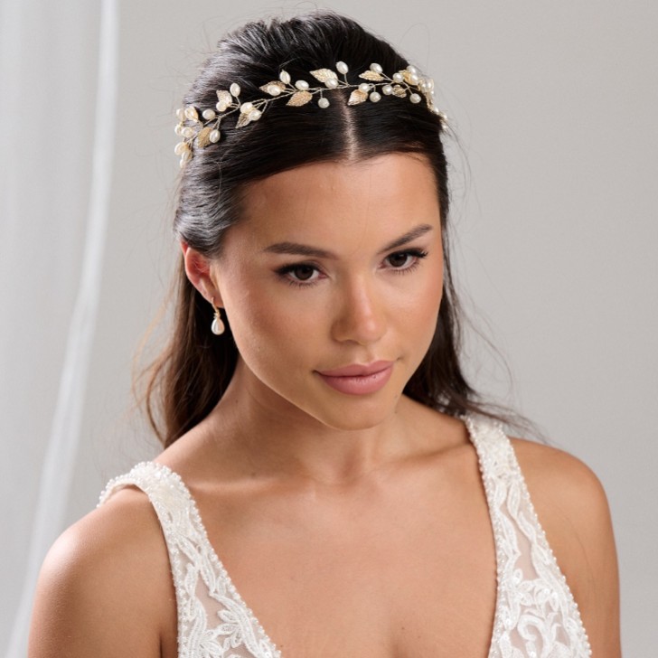 October Gold Leaves and Pearls Long Wedding Hair Vine