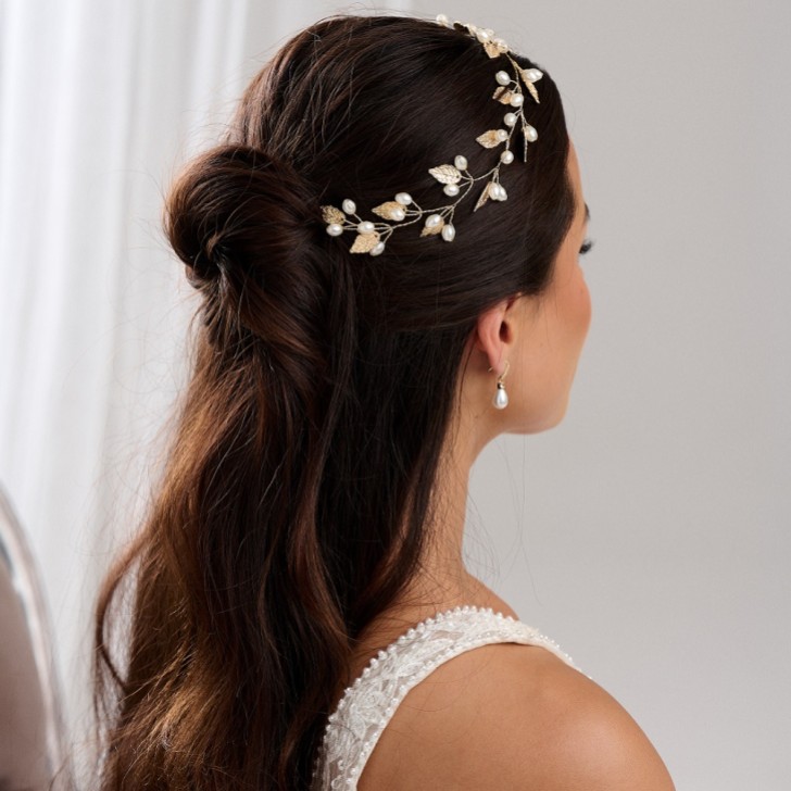 October Gold Leaves and Pearls Long Wedding Hair Vine
