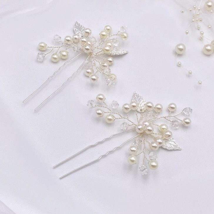 Silver Leaves and Pearl Hair Pin