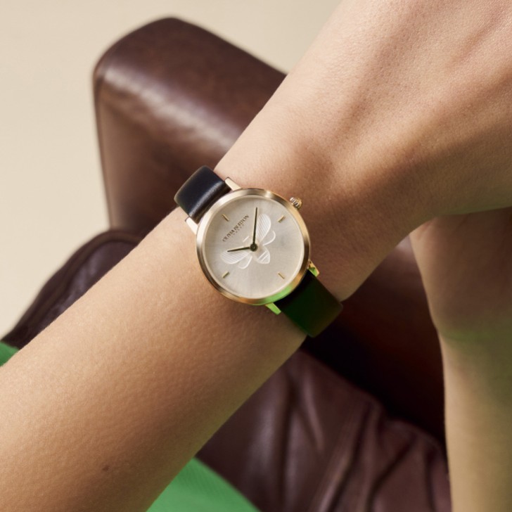 Olivia Burton Bee 28mm Ultra Slim Uhr mit goldenem und schwarzem Lederarmband