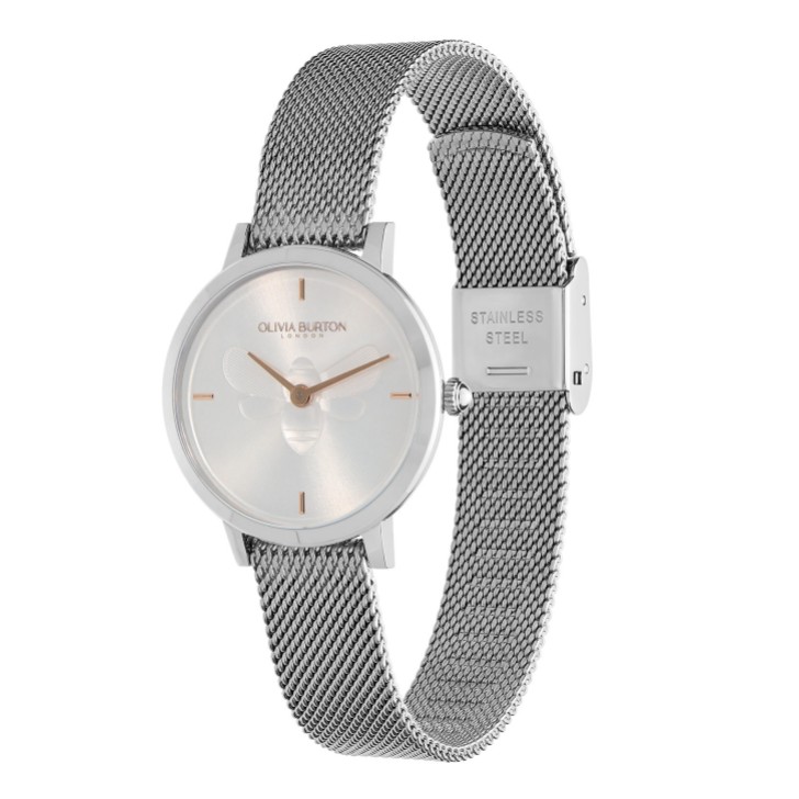 Olivia Burton Bee 28mm Ultra Slim Metallic Weiß und Silber Mesh Uhr
