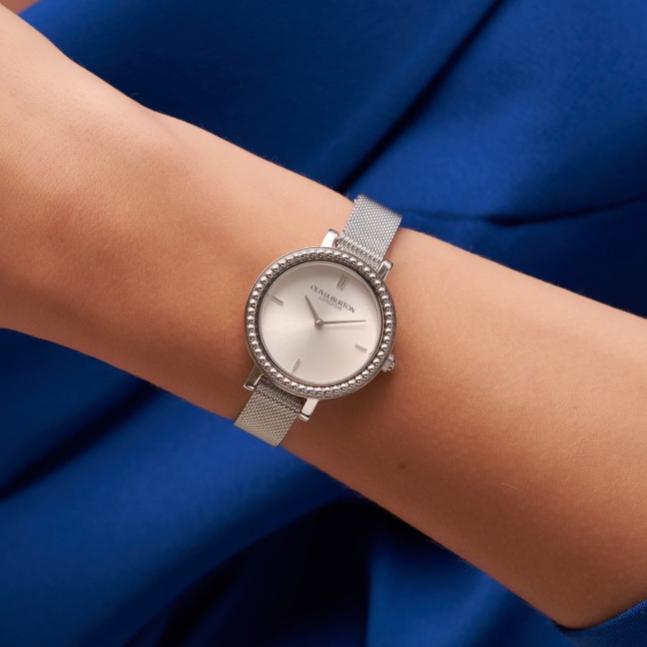 Olivia Burton Vintage Bead 30mm Silver Mesh Watch