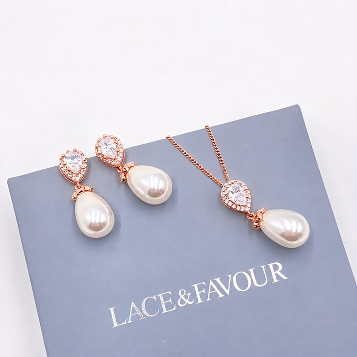 Paloma Rose Gold Teardrop Perlen Brautschmuck Set