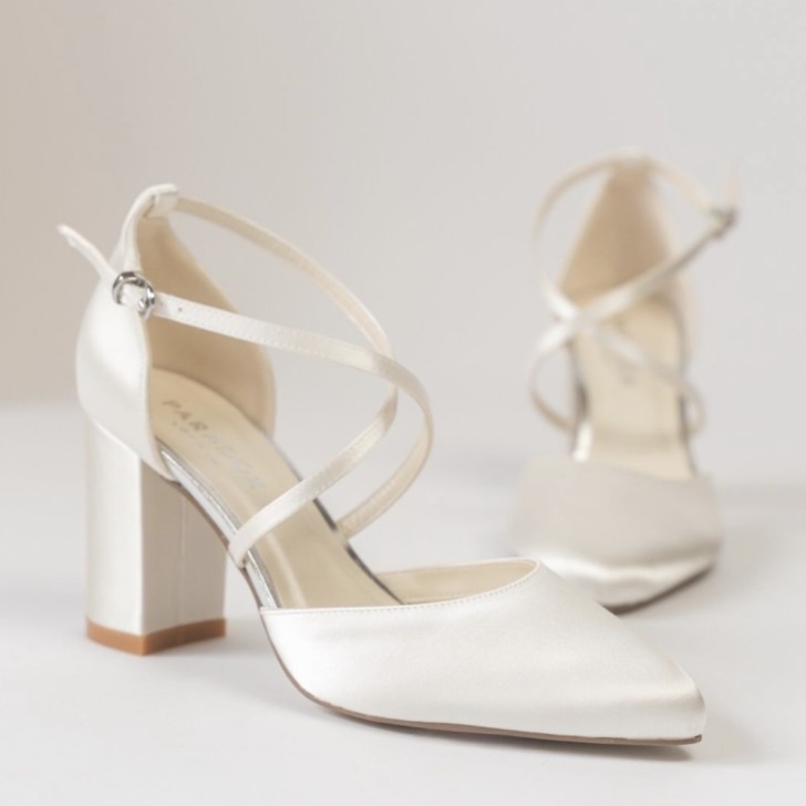 Paradox London Alysha Dyeable Ivory Satin Cross Strap Block Heel Court Shoes
