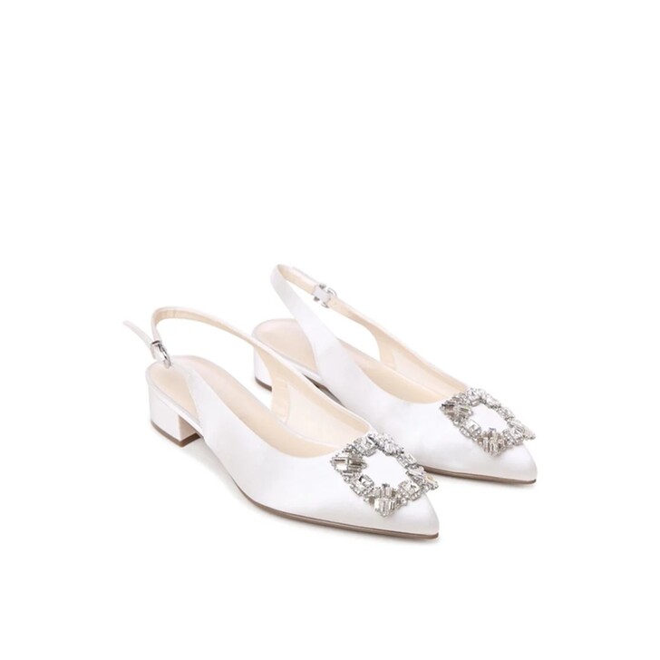 Paradox London Bejeweled Ivory Satin Wide Fit Low Block Heel Court Shoes