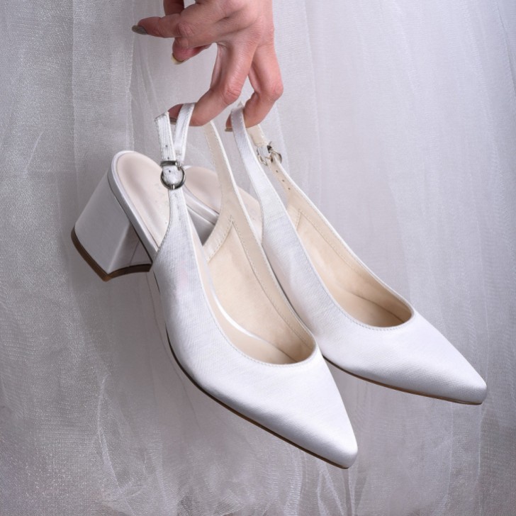 Paradox London Bessy Dyeable Ivory Satin Wide Fit Slingback Low Block Heels