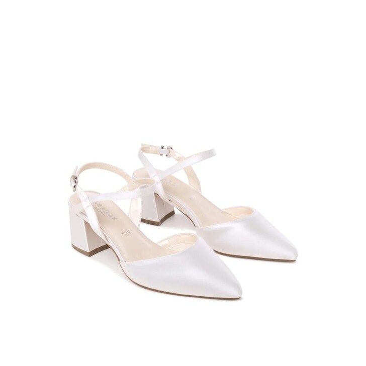 Paradox London Bianco Ivory Satin Wide Fit Strap Block Heel Court Shoes