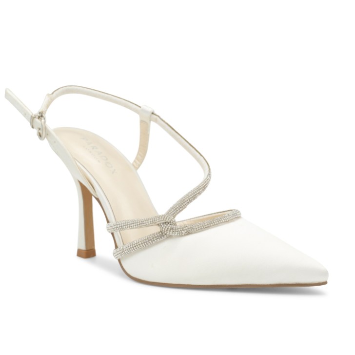 Paradox London Calliope Ivory Satin Diamante Slingback Court Shoes
