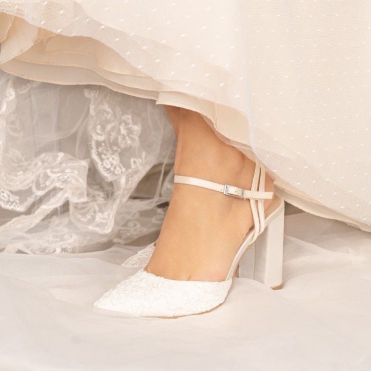 Paradox London Fauna Ivory Satin and Lace Block Heel Court Shoes