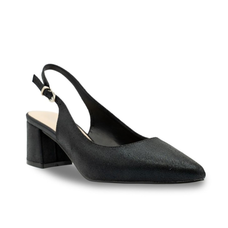 Paradox London Flynn Black Shimmer Wide Fit Low Block Heel Slingbacks
