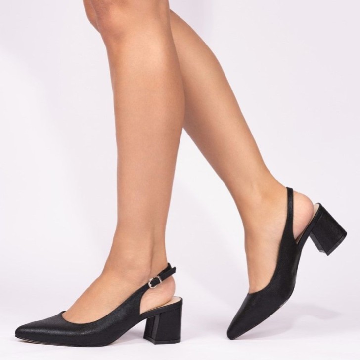 Paradox London Flynn Black Shimmer Wide Fit Low Block Heel Slingbacks