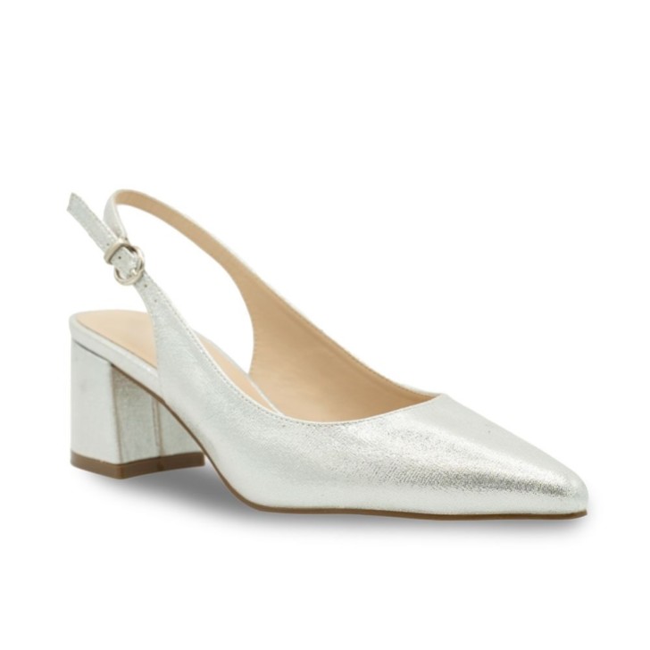 Paradox London Flynn Silver Shimmer Wide Fit Low Block Heel Slingbacks