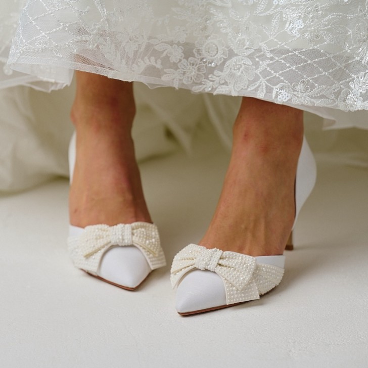 Perfect Bridal Adele Ivory Satin Two Part Pointed Court Shoes with Pearl Bow