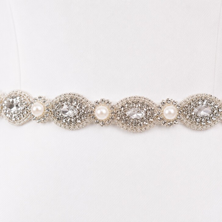 Perfect Bridal Beautiful Slim Pearl & Silver Diamante Bridal Belt