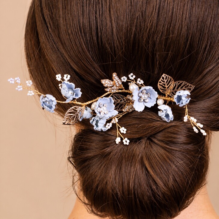 Perfect Bridal Blue Floral & Leaf Bridal Hair Clip