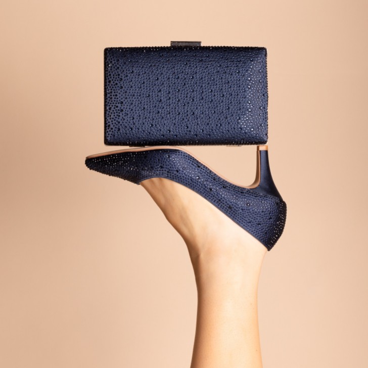 Perfect Bridal Calypso Navy Crystal Embellished Mid Heel Court Shoes
