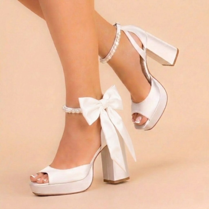 Perfect Bridal Camden Färbbare elfenbeinfarbene Satin Blockabsatz Plateau Sandalen mit Keshi Perlenband (ST10)