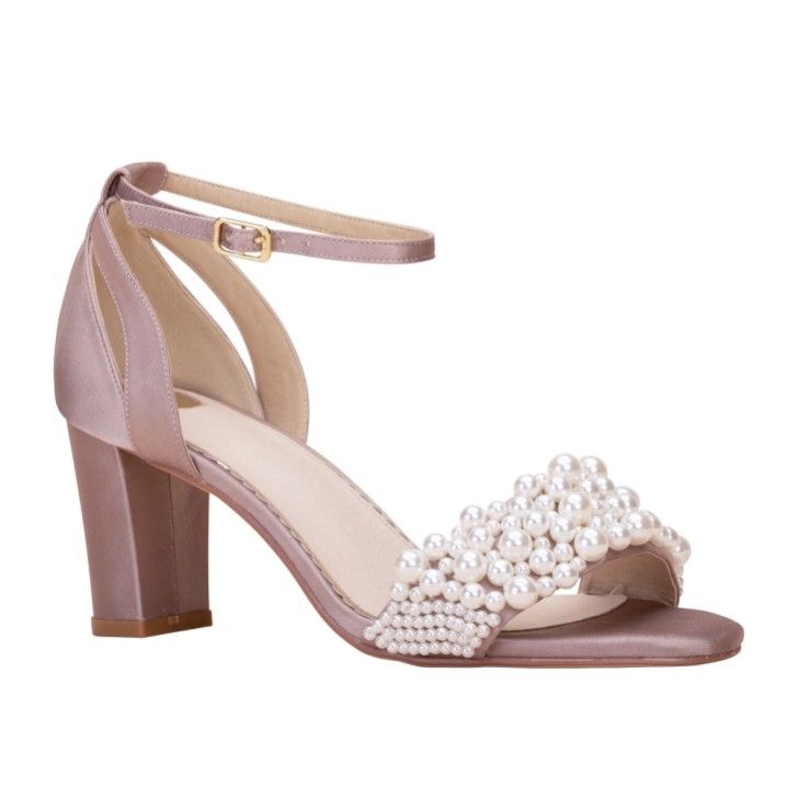 Perfect Bridal Carrie Mocha Satin Pearl Block Heel Sandals