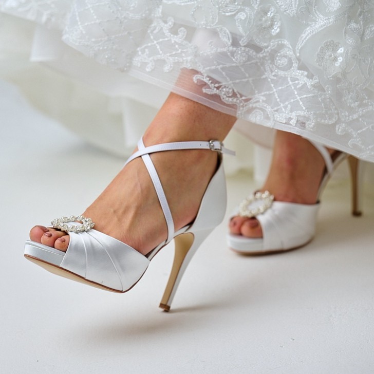 Perfect Bridal Charlotte Ivory Satin Pearl Brooch High Heel Platform Sandals