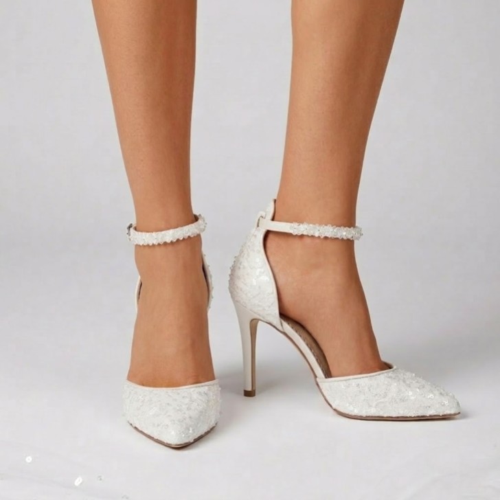 Perfect Bridal Cinderella Ivory Satin Beaded Ankle Strap Court Shoes