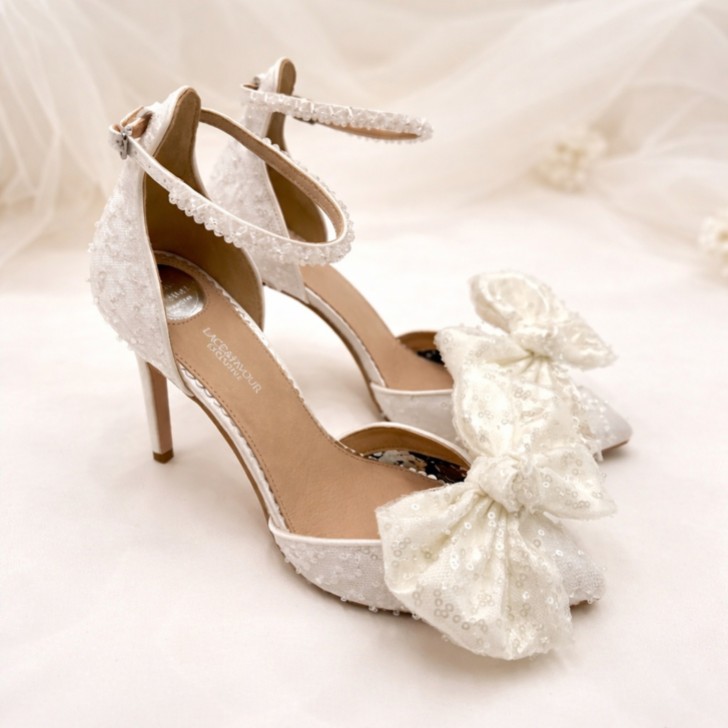 Perfect Bridal Cinderella Ivory Satin Beaded Ankle Strap Court Shoes