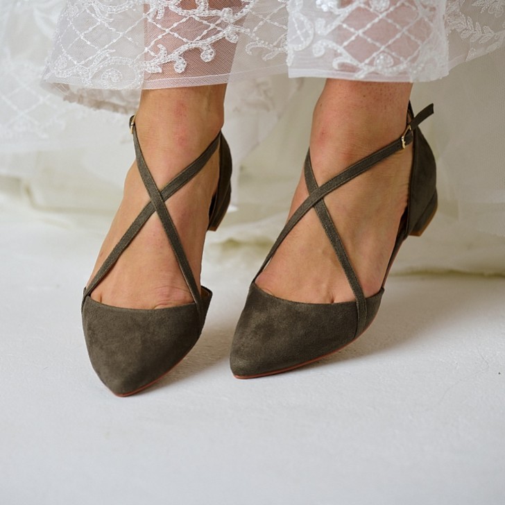 Perfect Bridal Davina Olive Green Suede Cross Strap Pointed Ballet Flats