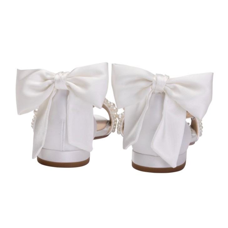 Perfect Bridal Delilah Ivory Satin Pearl Flat Sandals with Bow