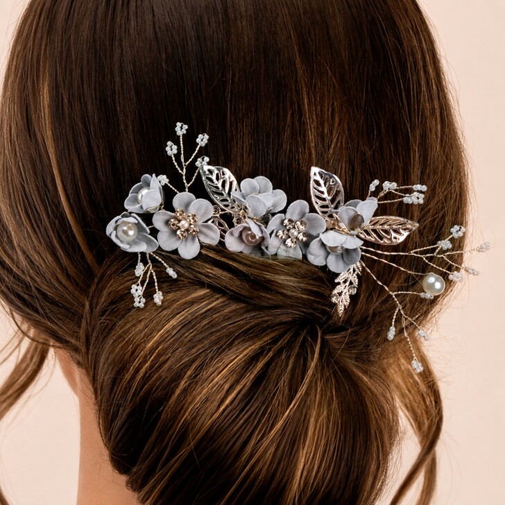 Perfect Bridal Elegant Silver & Blue Flowers Bridal Hair Comb 