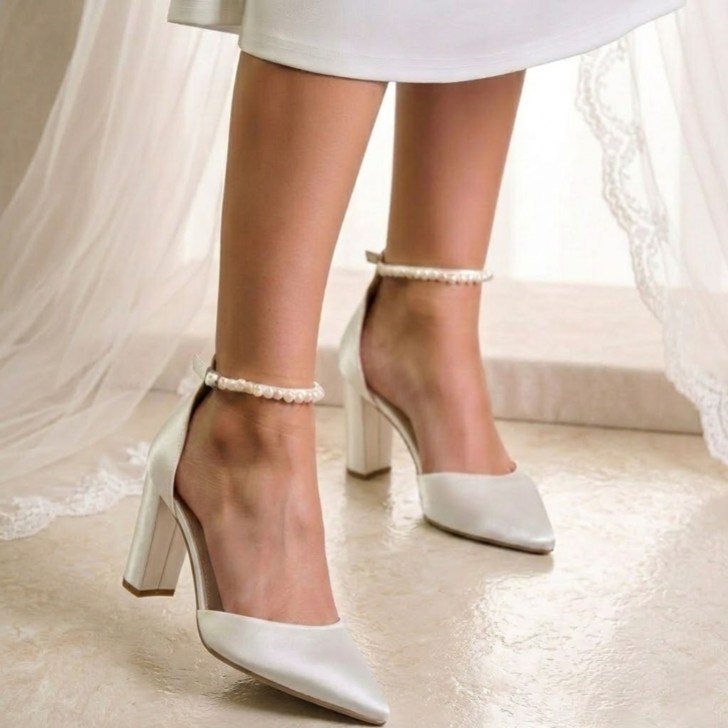 Perfect Bridal Ella Block Dyeable Ivory Satin Keshi Pearl Ankle Strap Court Shoes