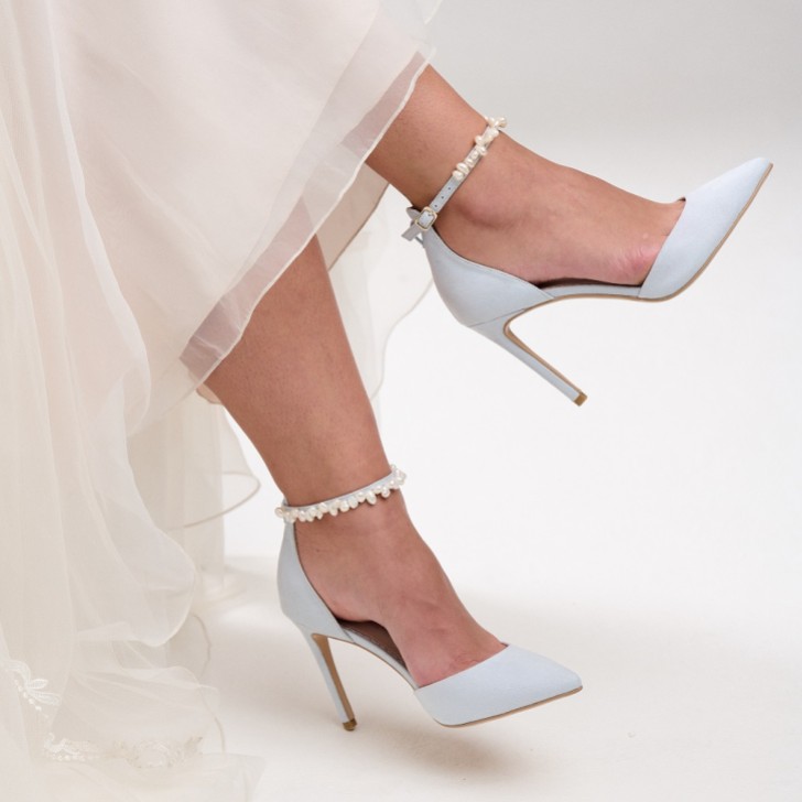 Perfect Bridal Ella Blue Suede Keshi Pearl Ankle Strap Court Shoes