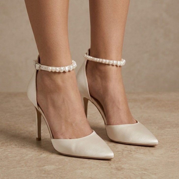 Perfect Bridal Ella Dyeable Ivory Satin Keshi Pearl Ankle Strap Court Shoes