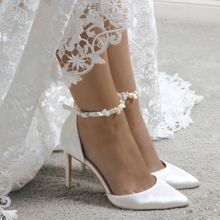 Perfect Bridal Ella Dyeable Ivory Satin Keshi Pearl Ankle Strap Court Shoes