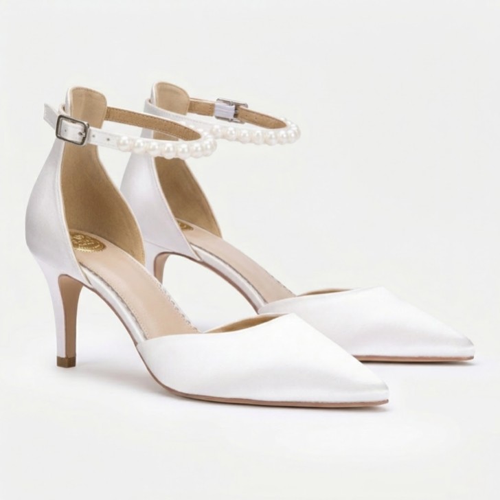 Perfect Bridal Ella Mid Dyeable Ivory Satin Keshi Pearl Ankle Strap Court Shoes