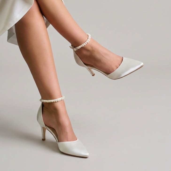 Perfect Bridal Ella Mid Dyeable Ivory Satin Keshi Pearl Ankle Strap Court Shoes