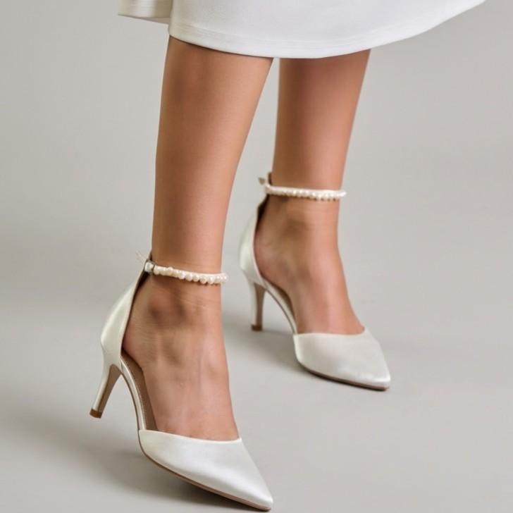 Perfect Bridal Ella Mid Dyeable Ivory Satin Keshi Pearl Ankle Strap Court Shoes