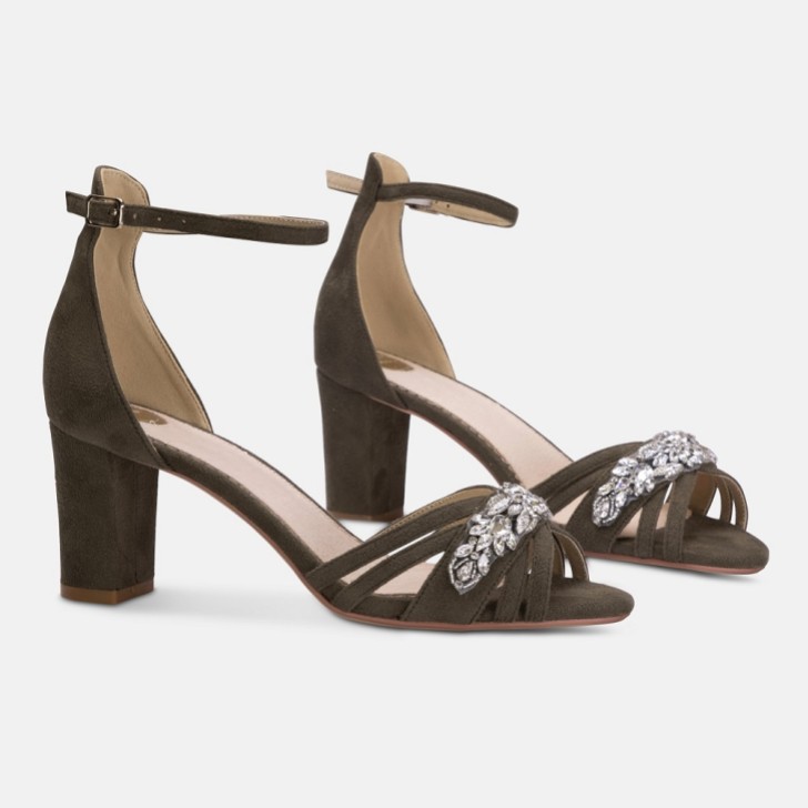 Perfect Bridal Frankie Olive Green Suede Crystal Strappy Block Heel Sandals