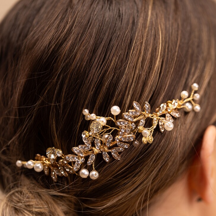 Perfect Bridal Gold Crystal Embellished Leaf Design Bridal Hair Comb