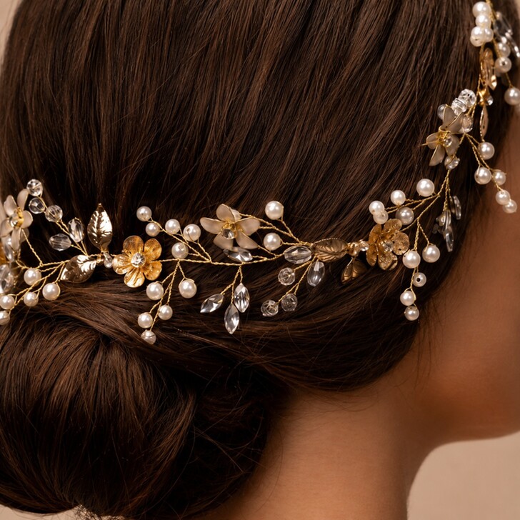 Perfect Bridal Gold Pearl Clear Crystal Leaf Bridal Hair Vine