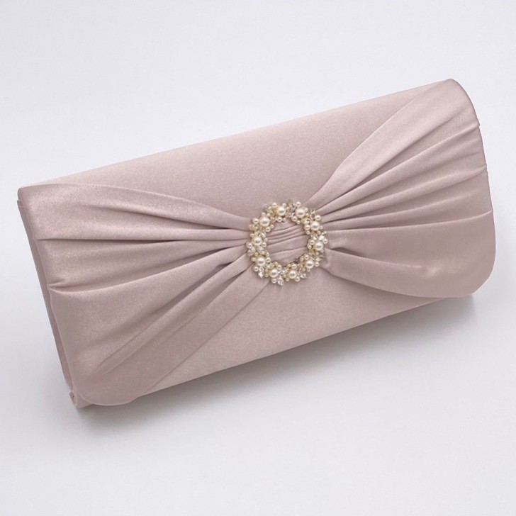 Perfect Bridal Harlow Taupe Satin Pearl Brooch Clutch Bag