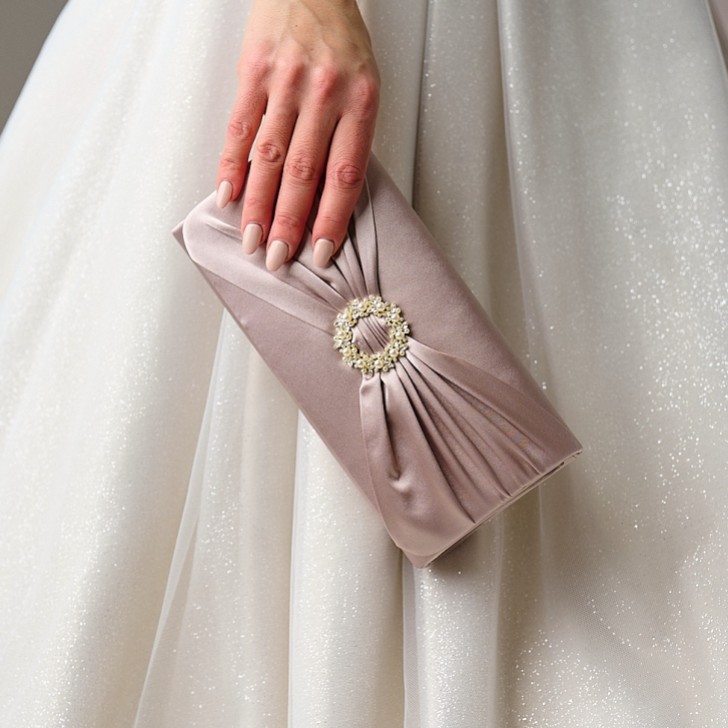 Perfect Bridal Harlow Taupe Satin Pearl Brooch Clutch Bag