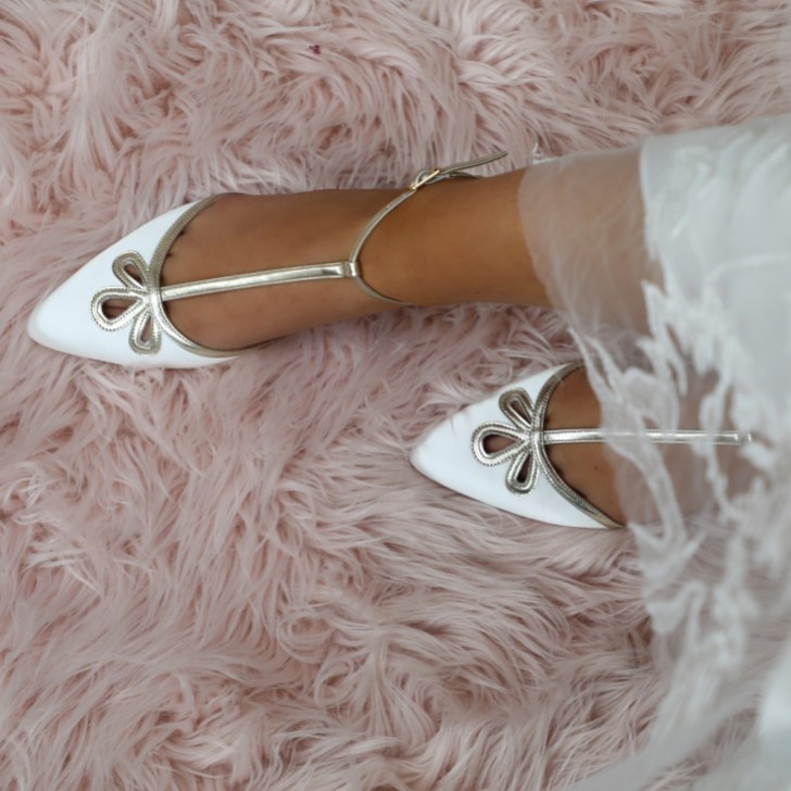 Perfect Bridal Harper Dyeable Ivory Satin and Gold T-Bar Flats
